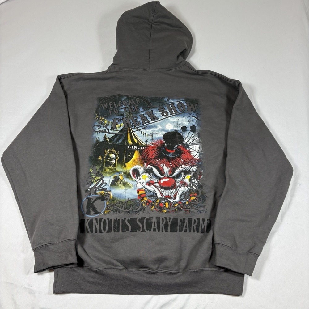 Knott's Scary Farm Welcome To The Freak Show Clown Circus Gray Hoodie MenS M NEW
